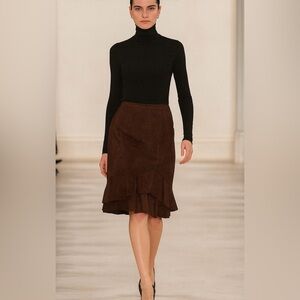 Vintage 100% Leather Suede Skirt 90s y2k Knee Ruffle Lined Slit GEORGIOU Studio